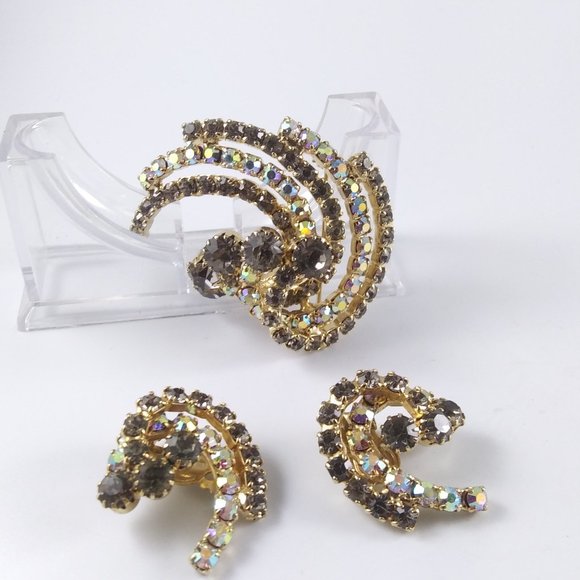 VINTAGE SMOKY GRAY RHINESTONE ART DECO DEMI PARURE - Picture 1 of 7